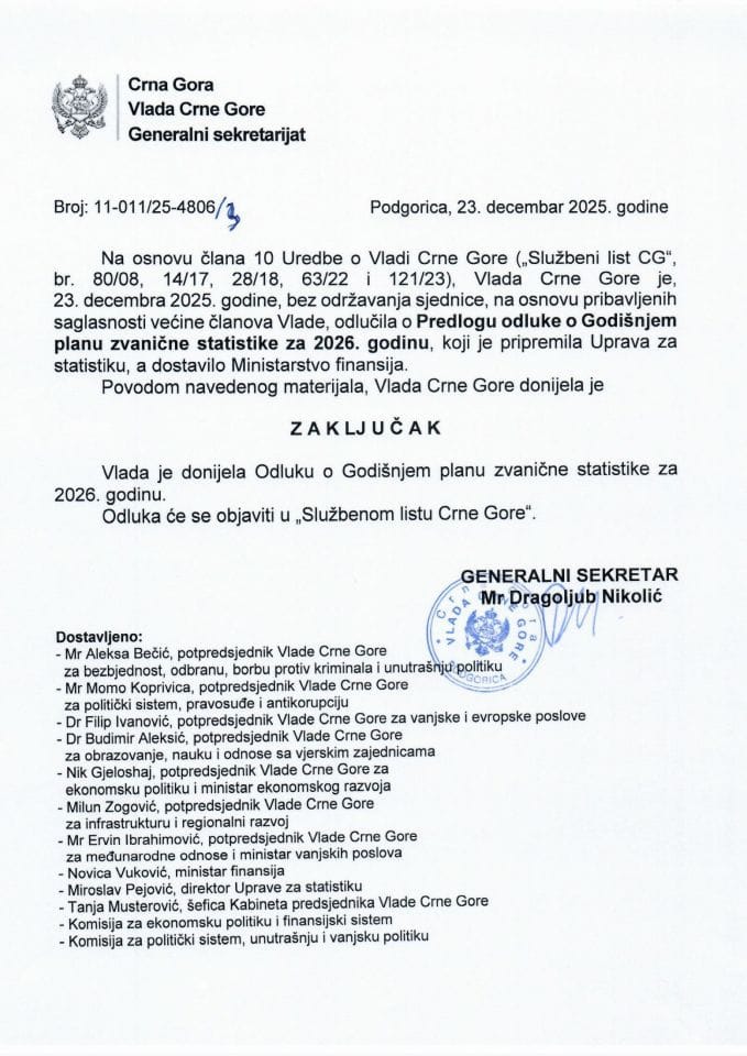 Predlog odluke o Godišnjem planu zvanične statistike za 2026. godinu - zaključci