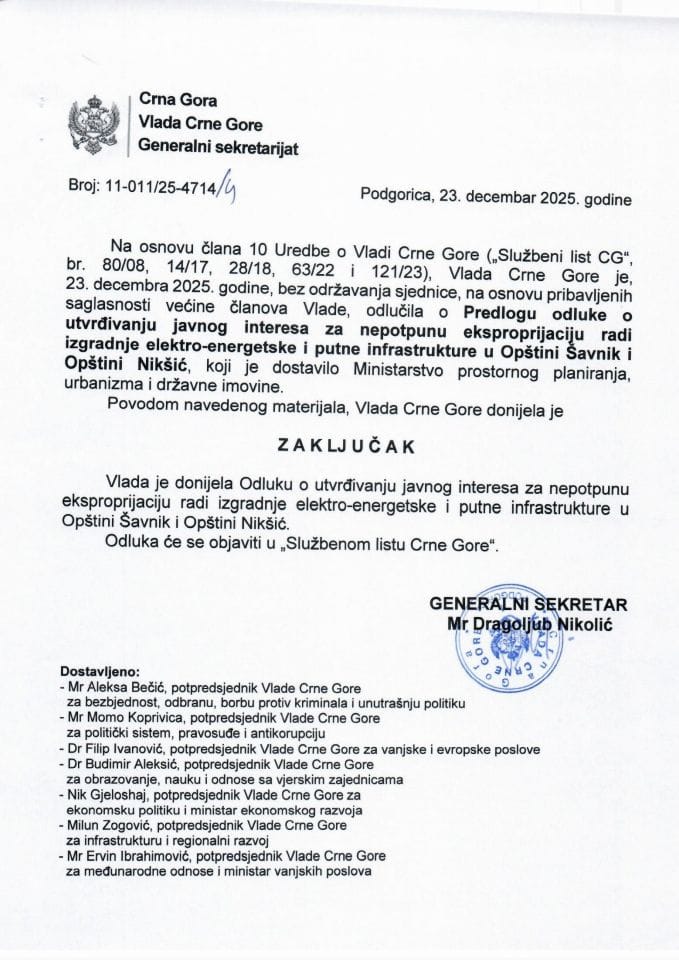 Predlog odluke o utvrđivanju javnog interesa za nepotpunu eksproprijaciju radi izgradnje elektro energetske i putne infrastrukture u Opštini Šavnik i Opštini Nikšić - zaključci