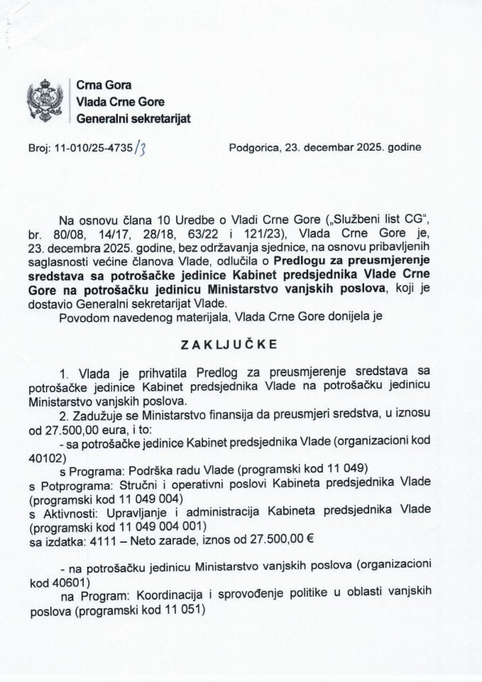 Predlog za preusmjerenje sredstava sa potrošačke jedinice Kabinet predsjednika Vlade Crne Gore na potrošačku jedinicu Ministarstvo vanjskih poslova - zaključci