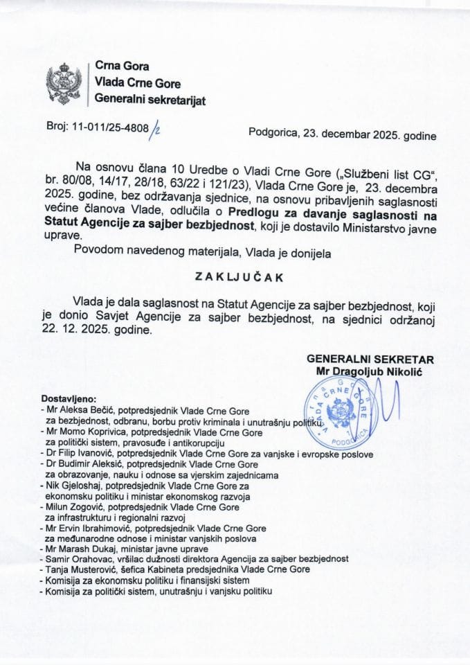 Predlog za davanje saglasnosti na Statut Agencije za sajber bezbjednost, koji je usvojio Savjet Agencije za sajber bezbjednost na sjednici od 22.12.2025. godine - zaključci