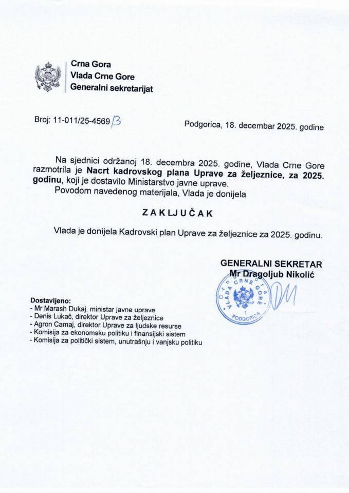 Нацрт кадровског плана Управе за жељезнице за 2025. годину - закључци