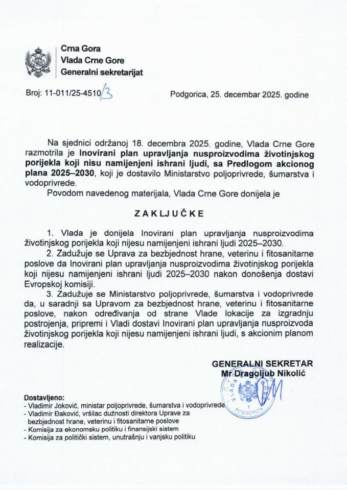 Иновирани план управљања нуспроизводима животињског поријекла који нису намијењени исхрани људи са Предлогом акционог плана 2025-2030 - закључци