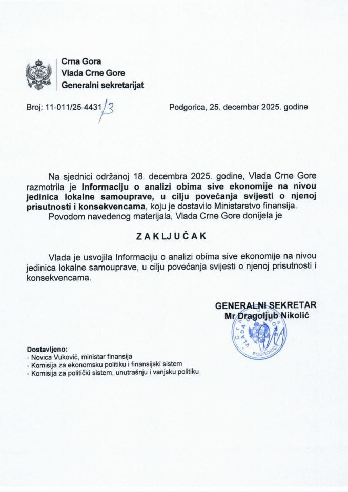 Информација о анализи обима сиве економије на нивоу јединица локалне самоуправе у циљу повећања свијести о њеној присутности и консеквенцама - закључци