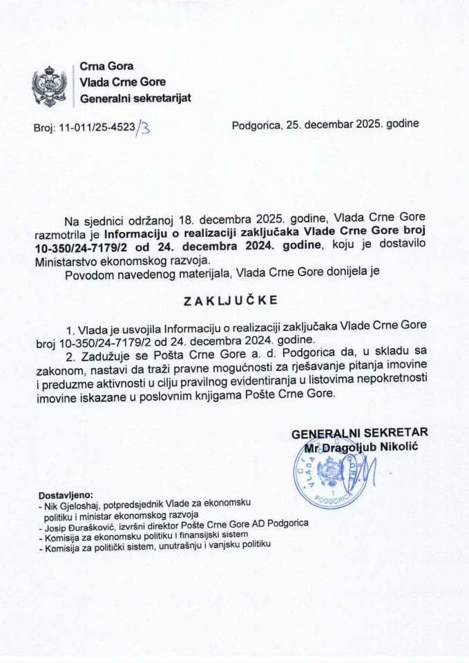 Информација о реализацији закључака Владе Црне Горе број 10-350/24-7179/2 од 24. децембра 2024. године - закључци
