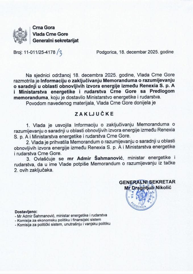 Информација о закључивању Меморандума о разумијевању о сарадњи у области обновљивих извора енергије између Renexia S.p.A и Министарства енергетике и рударства Црне Горе са Предлогом меморандума - закључци