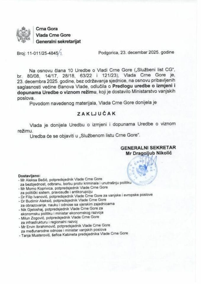 Predlog uredbe o izmjeni Uredbe o viznom rezimu - zaključci