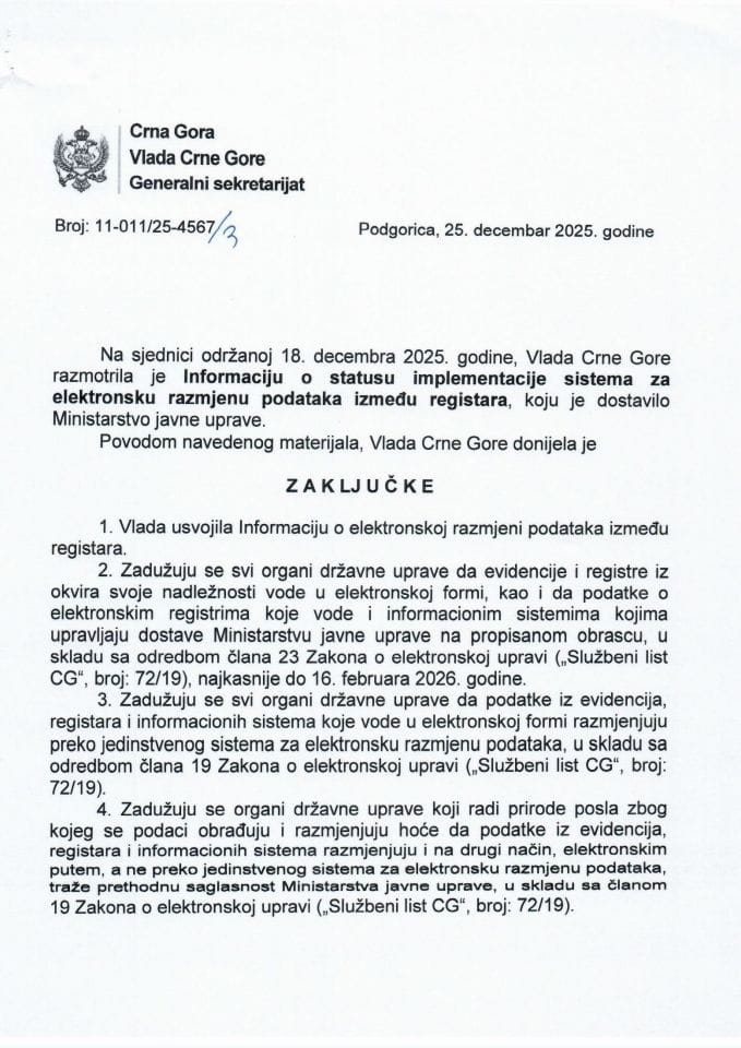 Информација о статусу имплементације система за електронску размјену података између регистара - закључци