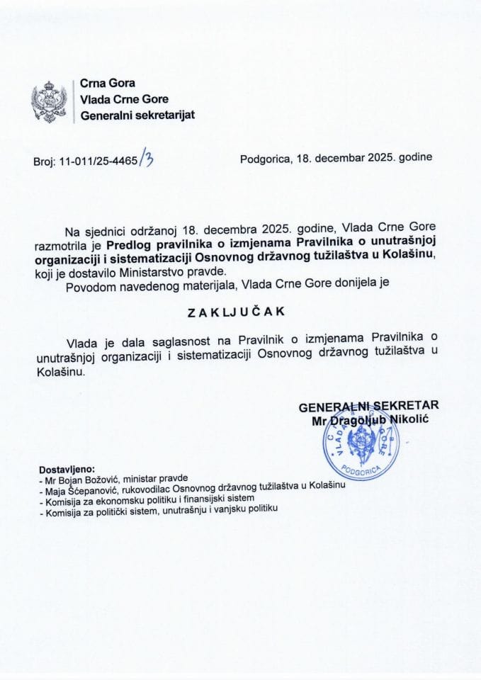 Предлог правилника о измјенама Правилника о унутрашњој организацији и систематизацији Основног државног тужилаштва у Колашину - закључци