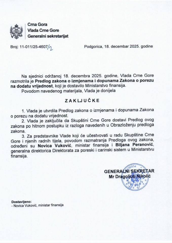Предлог закона о измјенама и допунама Закона о порезу на додату вриједност - закључци