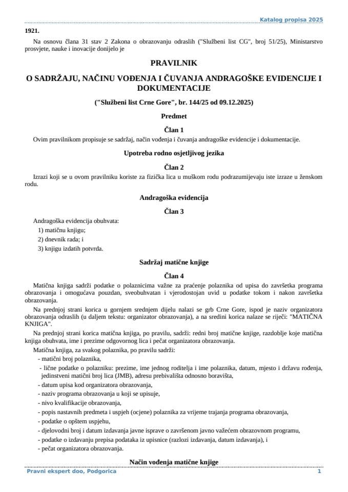 Pravilnik o sadrzaju nacinu vodjenja i cuvanja andragoske evidencije i dokumentacije