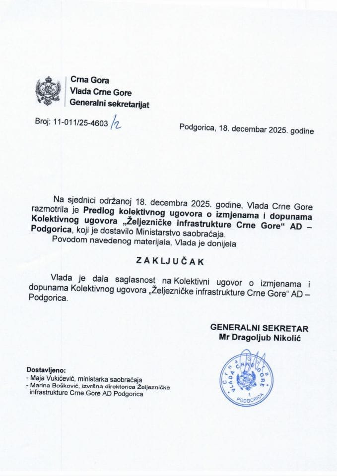Предлог колективног уговора о измјенама и допунама Колективног уговора "Жељезничке инфраструктуре Црне Горе" АД - Подгорица - закључци