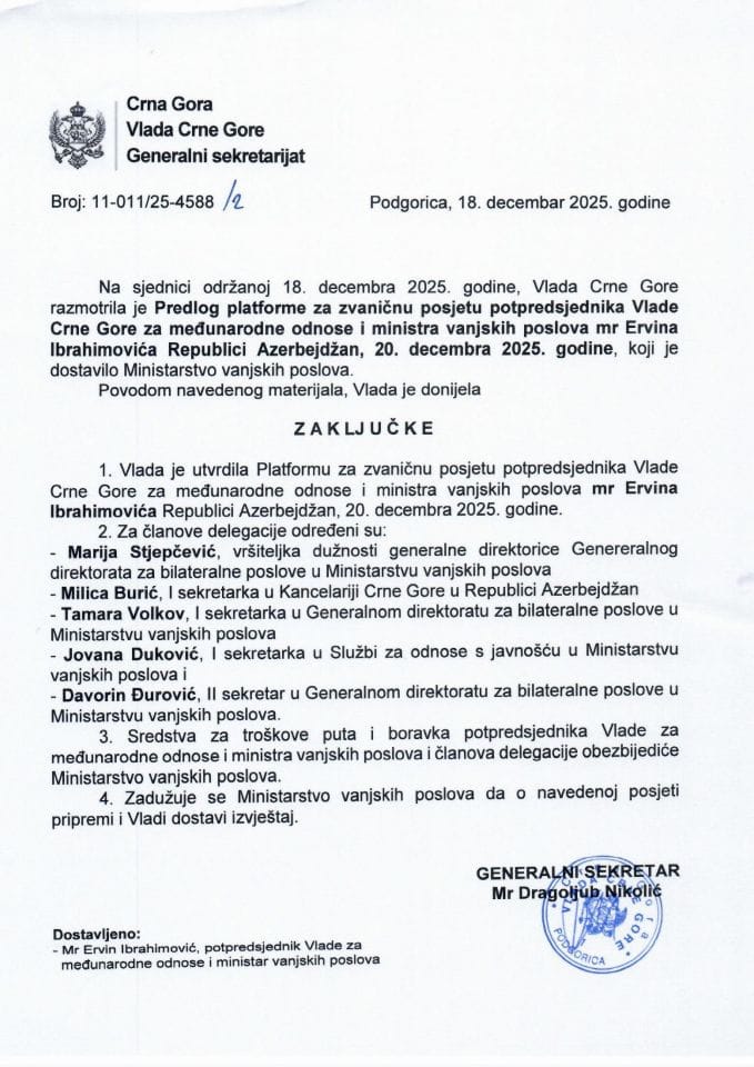 Предлог платформе за званичну посјету потпредсједника Владе Црне Горе за међународне односе и министра вањских послова мр Ервина Ибрахимовића Републици Азербејџан, 20. децембар 2025. године - закључци
