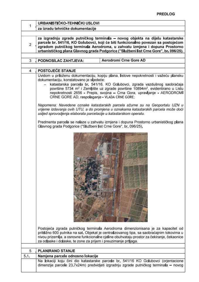 Предлог урбанистичко-техничких услова за израду техничке документације за изградњу зграде путничког терминала - новог објекта на дијелу катастарске парцеле бр. 541/16, КО Голубовци