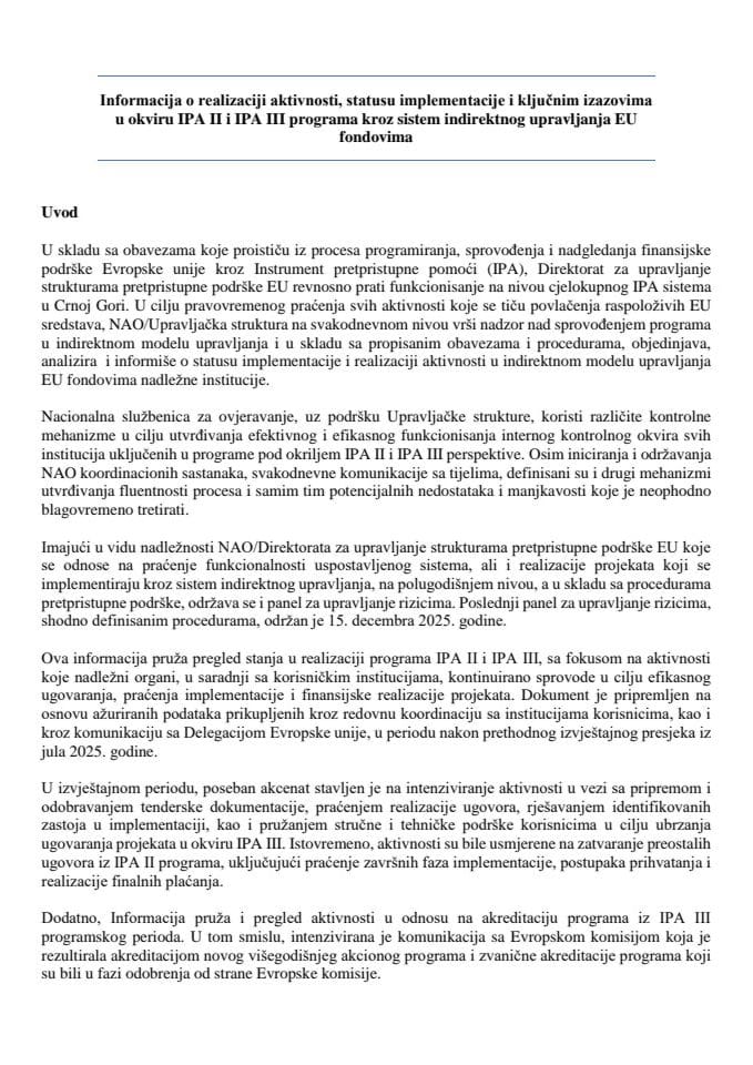Информација о реализацији активности, статуса имплементације и кључним изазовима у оквиру IPA II и IPA III програма кроз систем индиректног управљања ЕУ фондовима