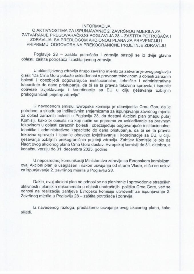 Информација о активностима за испуњавање 2. завршног мјерила за затварање Преговарачког поглавља 28 - Заштита потрошача и здравља, са Предлогом акционог плана за превенцију и припрему одговора на прекограничне пријетње здрављу