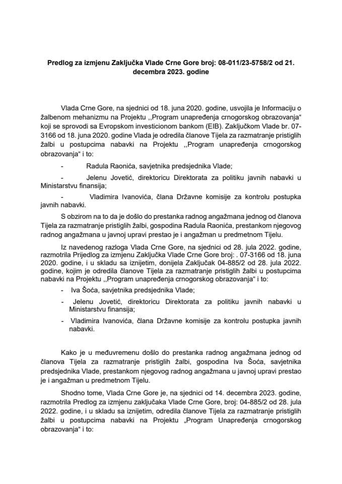 Предлог за измјену Закључка Владе Црне Горе, број: 08-011/23-5758/2, од 21. децембра 2023. године