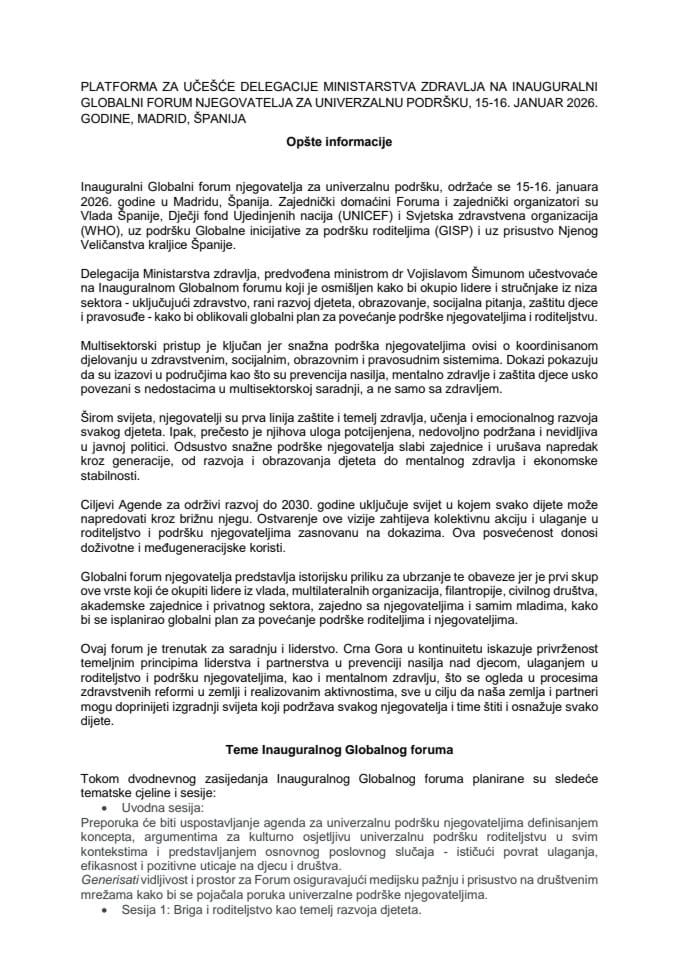 Predlog platforme za učešće delegacije Ministarstva zdravlja na Inauguralnom globalnom forumu njegovatelja za univerzalnu podršku, 15 - 16. januar 2026. godine, Madrid, Španija