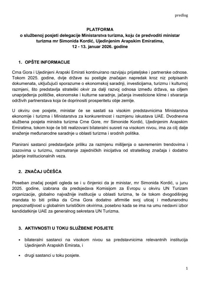 Предлог платформе о службеној посјети делегације Министарства туризма, коју ће предводити министарка туризма мр Симонида Кордић, Уједињеним Арапским Емиратима, 12 - 13. јануар 2026. године