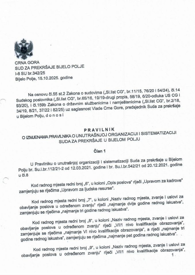 Предлог правилника о измјенама Правилника о унутрашњој организацији и систематизацији Суда за прекрашје у Бијелом Пољу