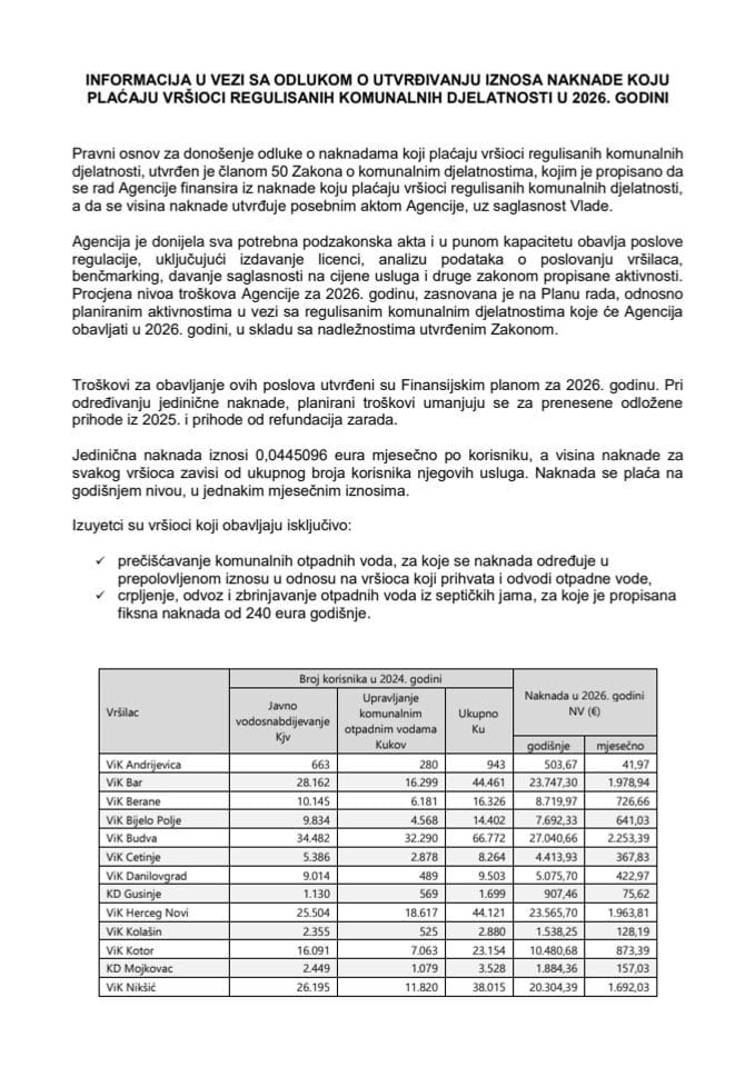 Информација у вези са Одлуком о утврђивању износа накнаде коју плаћају вршиоци регулисаних комуналних дјелатности у 2026. години с Предлогом одлуке
