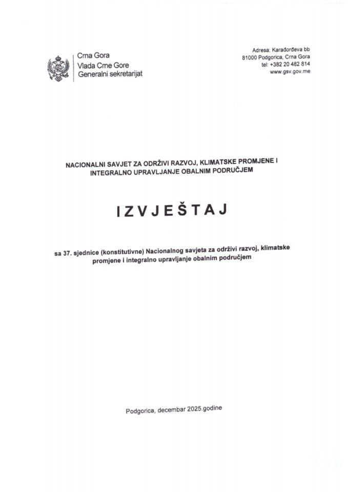 Извјештај са 37. сједнице (конститутивне) Националног савјета за одрживи развој, климатске промјене и интегрално управљање обалним подручјем