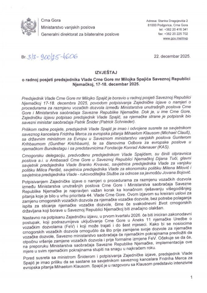 Извјештај о радној посјети предсједника Владе Црне Горе мр Милојка Спајића Савезној Републици Њемачкој, 17-18. децембар 2025. године