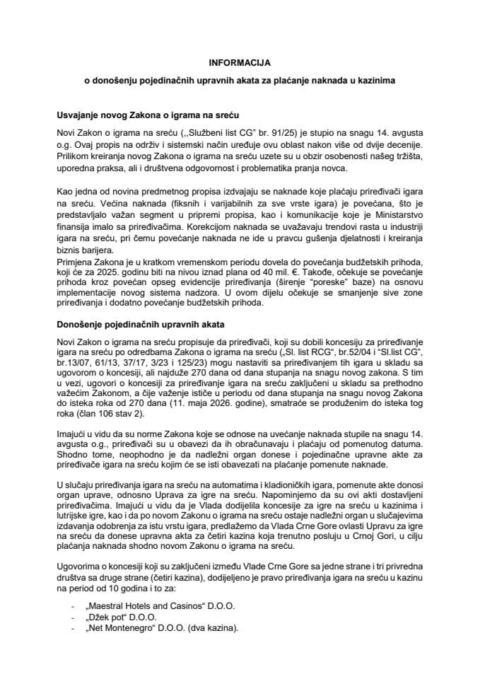 Информација о доношењу појединачних управних аката за плаћање накнада у казинима
