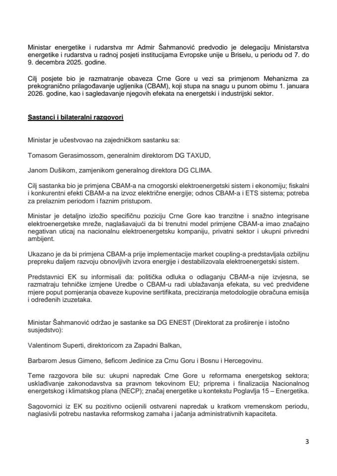 Извјештај о радној посјети министра енергетике и рударства мр Адмира Шахмановића институцијама Европске уније у Бриселу на тему примјене Механизма за прекогранично прилагођавање угљеника (CBAM) у Бриселу, Белгија