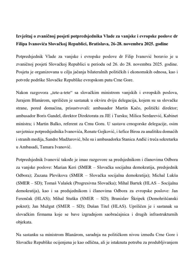 Извјештај о званичној посјети потпредсједника Владе за вањске и европске послове др Филипа Ивановића Словачкој Републици, Братислава, 26-28. новембра 2025. године