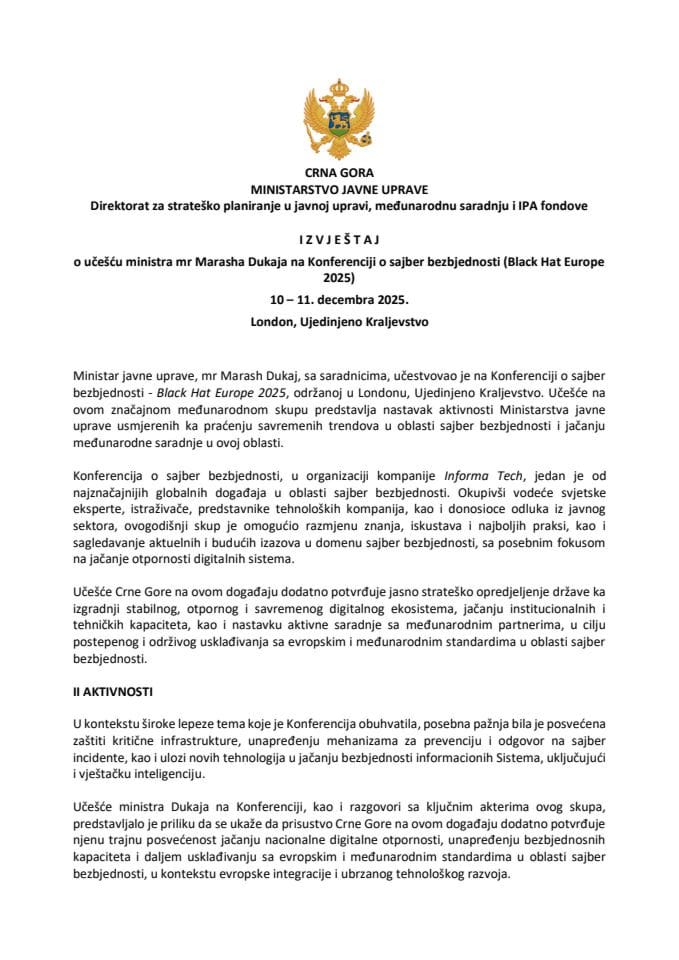Извјештај о учешћу министра мр Marasha Dukaja на Конференцији о сајбер безбједности (Black Hat Europe 2025), 10 - 11. децембра 2025, Лондон, Уједињено Краљевство