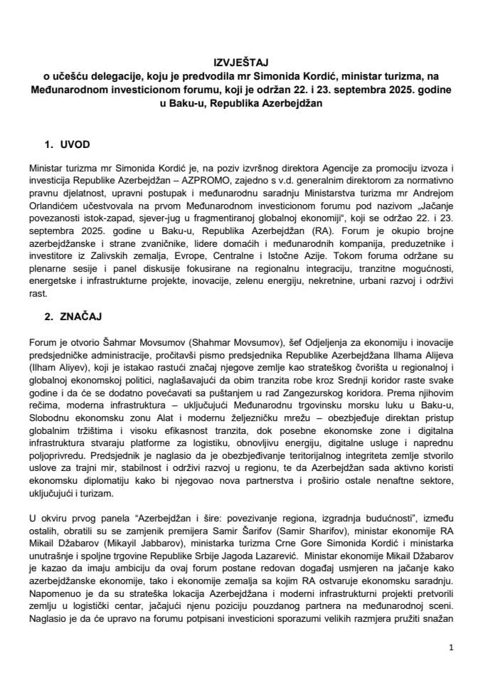 Извјештај о учешћу делегације, коју је предводила мр Симонида Кордић, министарка туризма, на Међународном инвестиционом форуму, који је одржан 22. и 23. септембра 2025. године у Баку-у, Република Азербејџан
