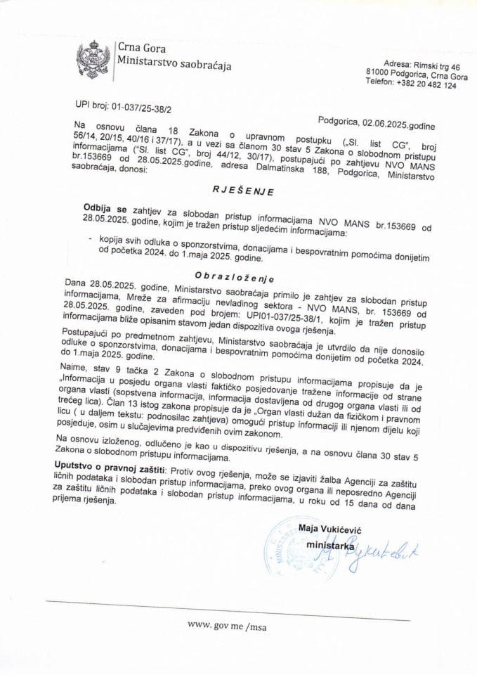 Rješenje o odbijanju zahtjeva za SPI - UPI 38