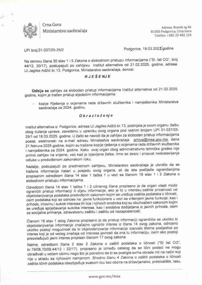 Rješenje o odbijanju zahtjeva za SPI - UPI 25