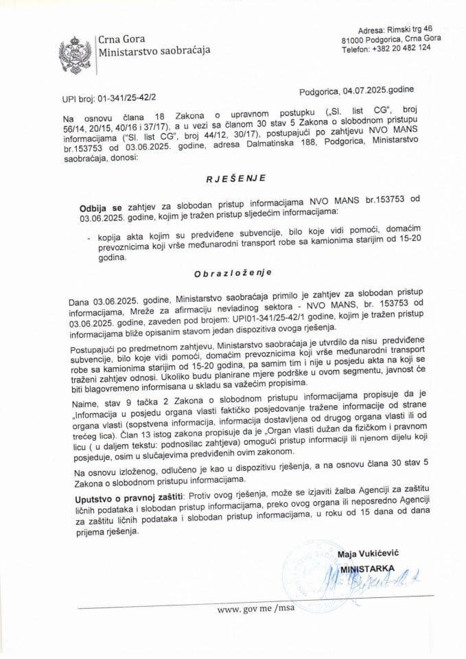 Rješenje o odbijanju zahtjeva za SPI - UPI 42