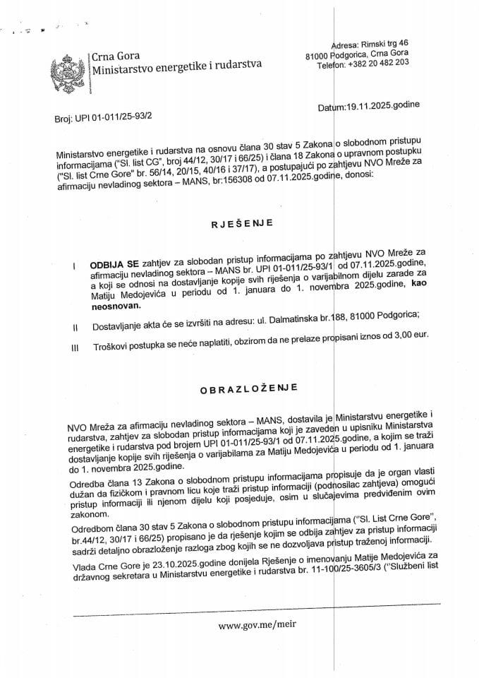 Rješenje  odbija se  01-011-25-93