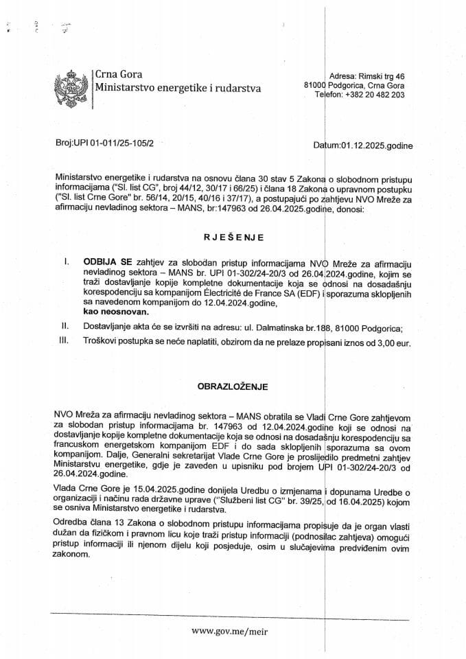 Rješenje odbija se  01-011-25-105