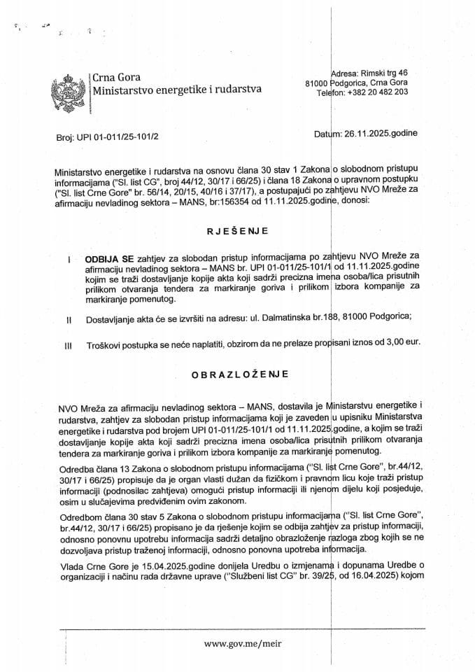 Rješenje odbija se 01-011-25-101