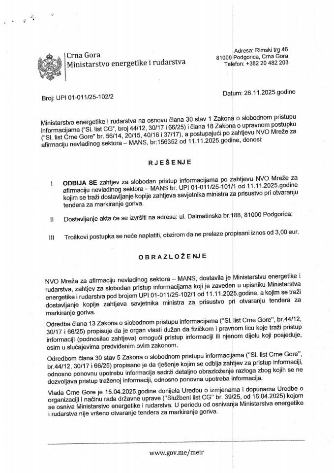 Rješenje odbija se 01-011-25-102