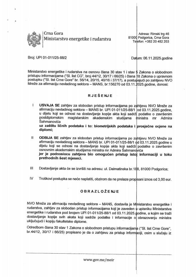 Rješenje djelimično se usvaja 01-011-25-88