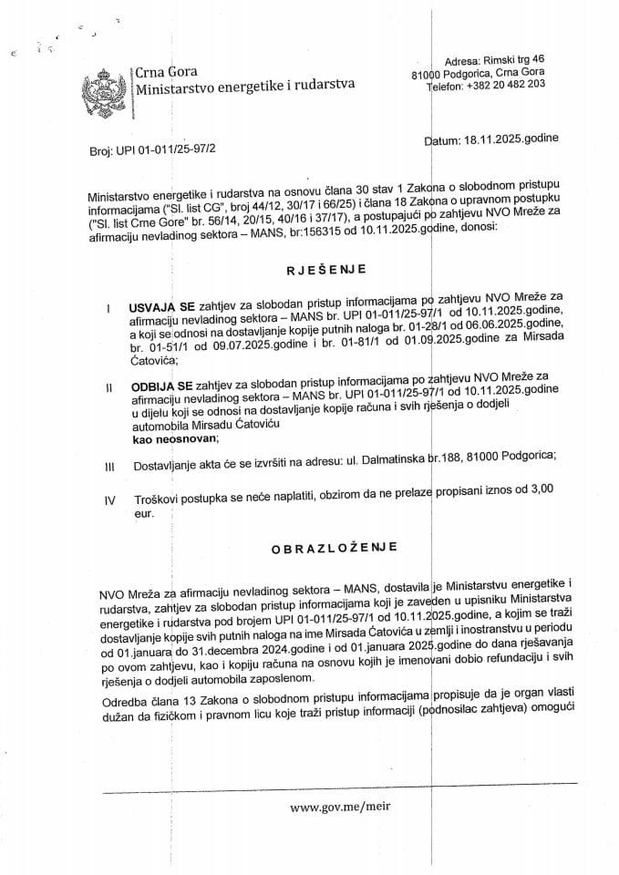 Rješenje djelimično se usvaja 01-011-25-97