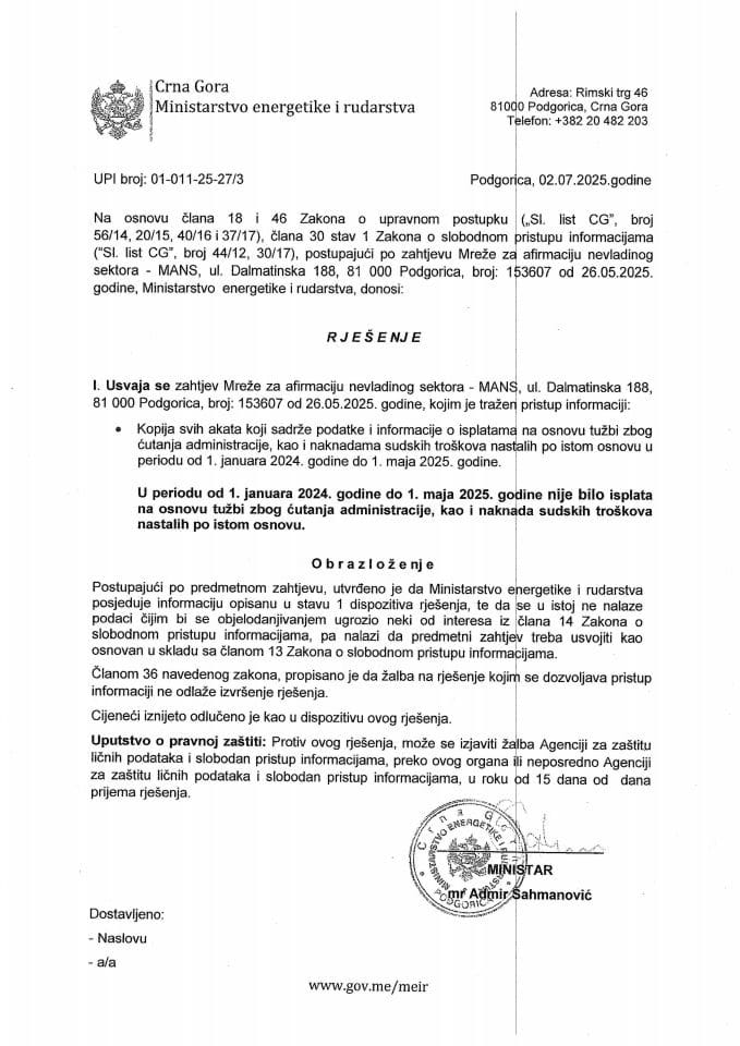 Rješenje usvaja se 01-011-25-27