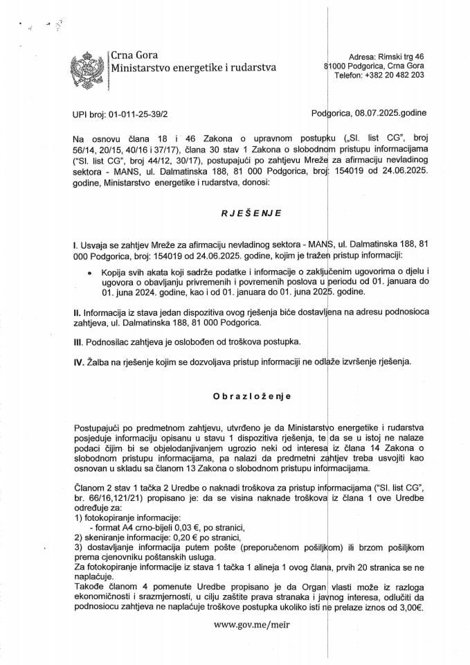 Rješenje usvaja se 01-011-25-39