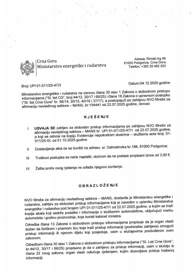 Rješenje usvaja se 01-011-25-47