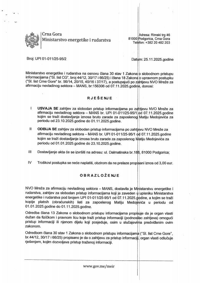 Rješenje usvaja se 01-011-25-95