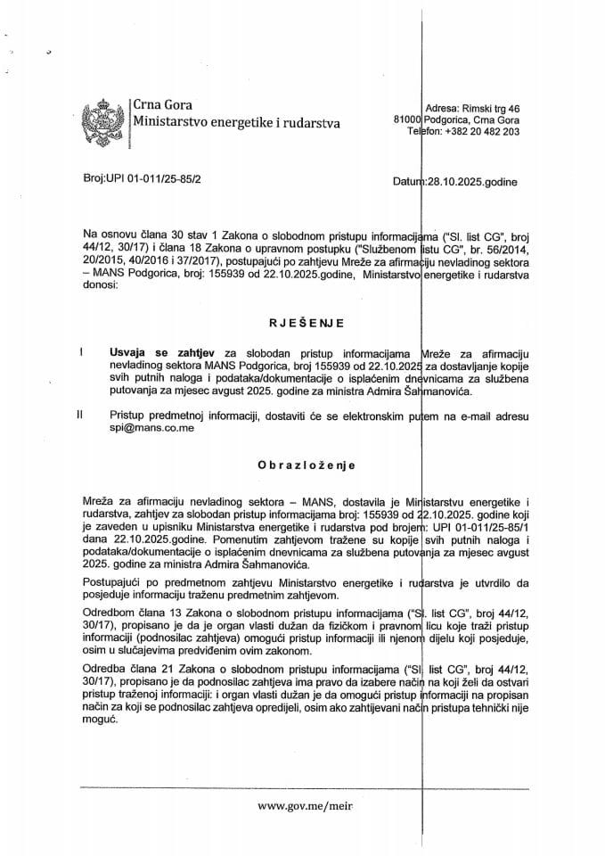 Rješenje usvaja se 01-011-25-85