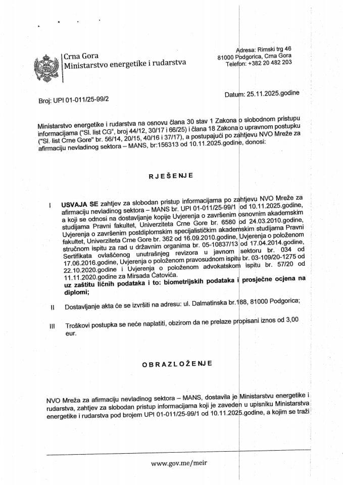 Rješenje usvaja se 01-011-25-99