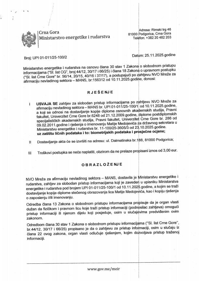 Rješenje usvaja se 01-011-25-100