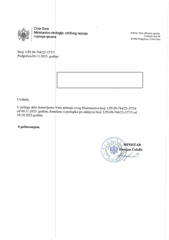 Рјешења - Слободан приступ информацијама - СПИ Рјешење бр. УПИ-09-744-25-377-6