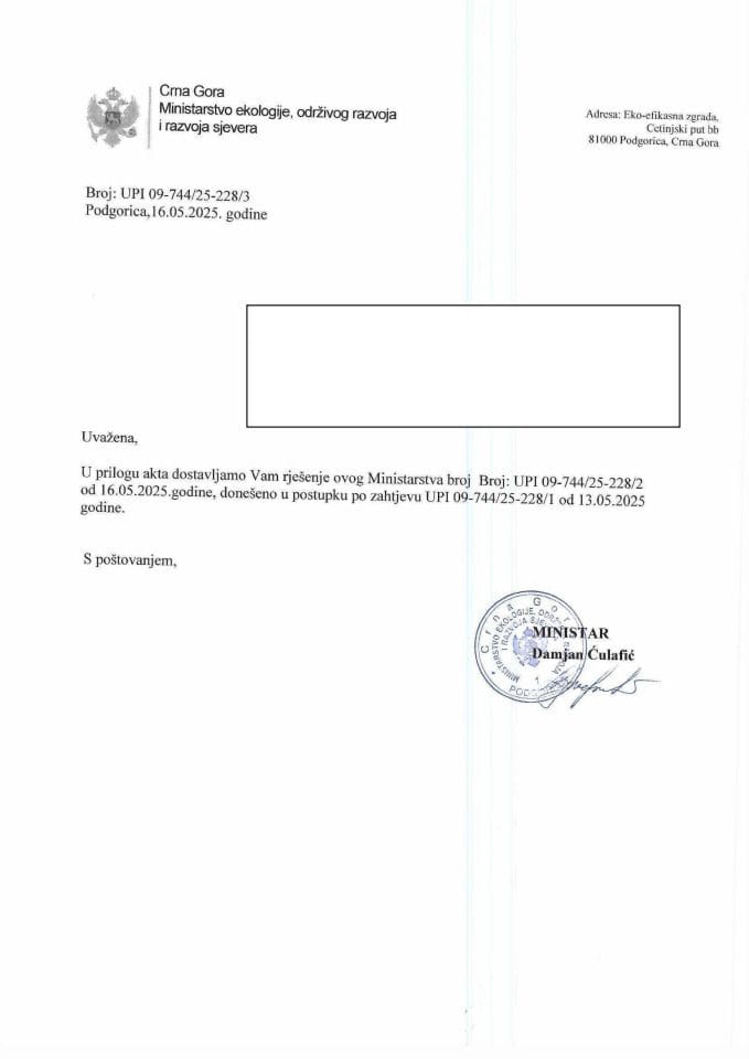 Рјешења - Слободан приступ информацијама - Рјесење бр УПИ 09-774-2228-2 од 16.05.2025