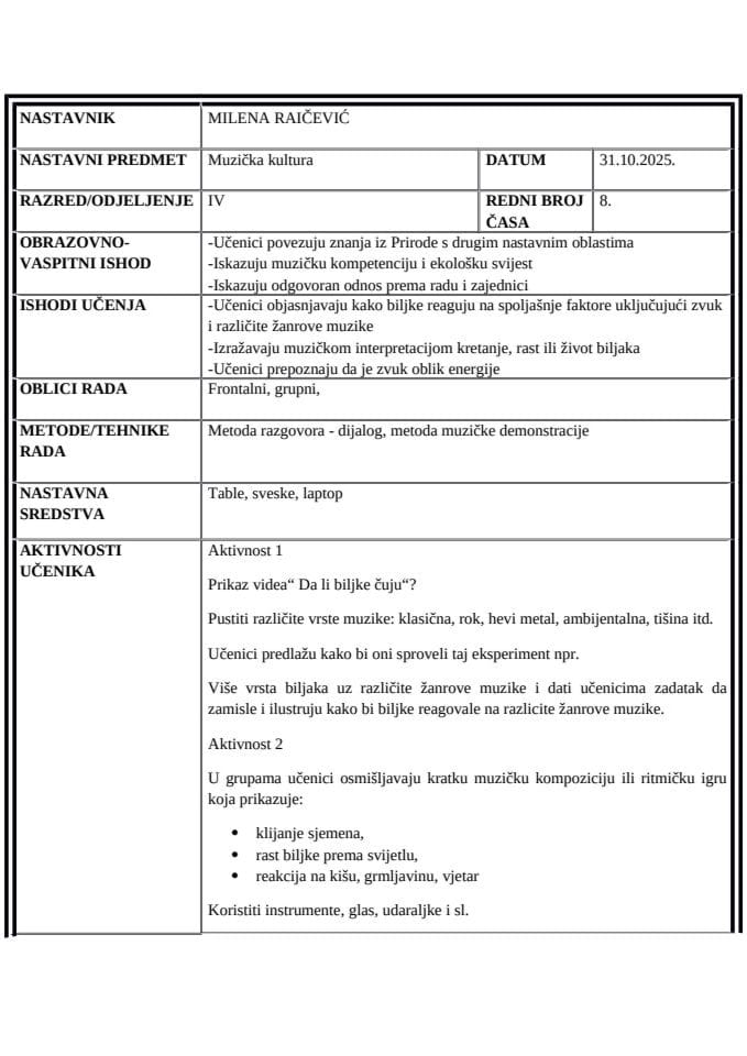 Scenario za nastavu - Muzička kultura